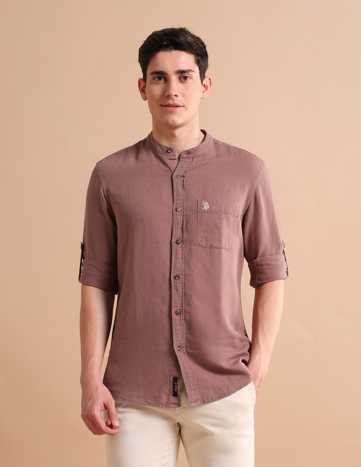 Image of U.S. POLO ASSN. Men Solid Casual Pink Shirt