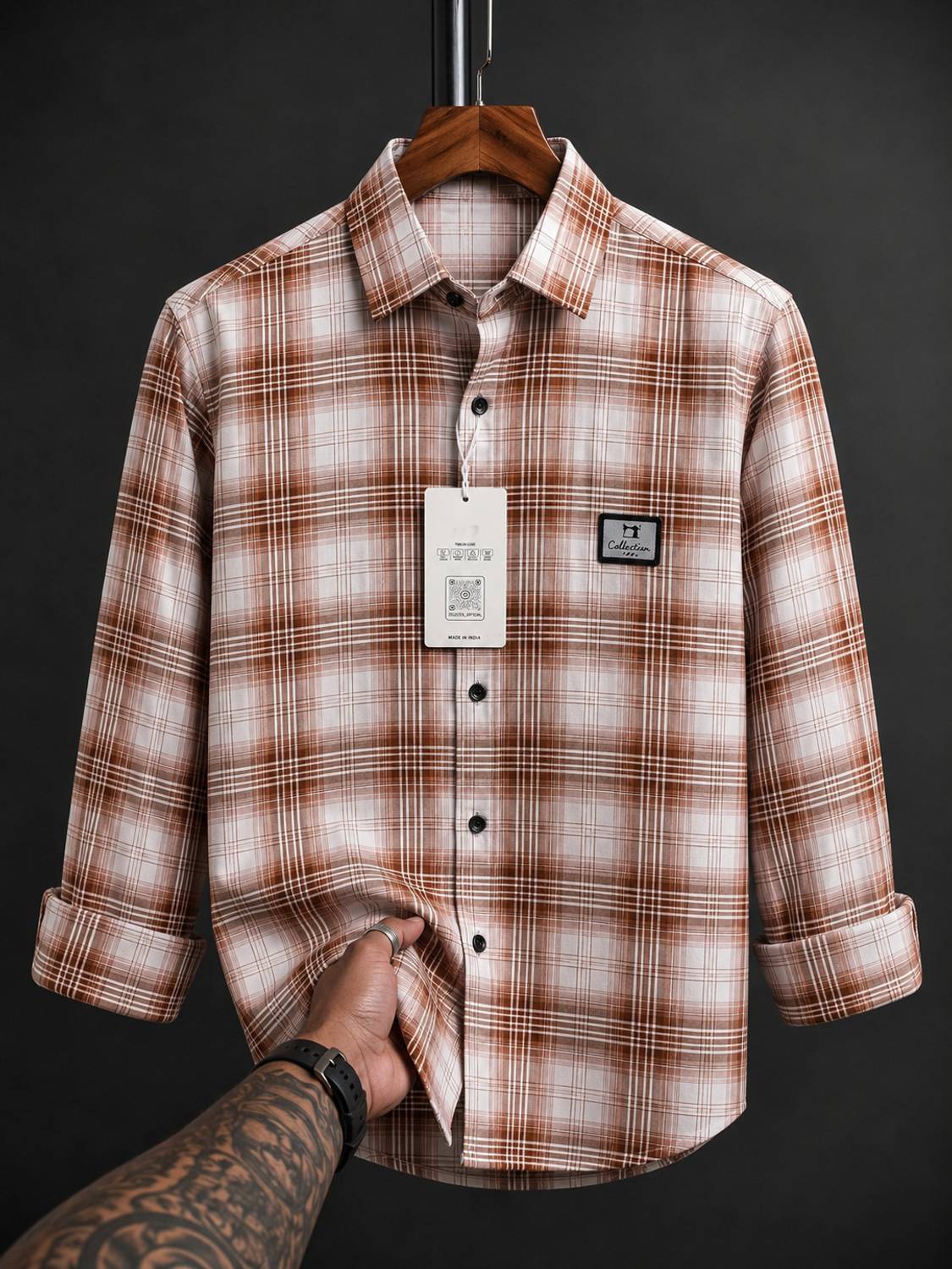VELLOSTA Men Checkered Casual Brown Shirt - Image 1