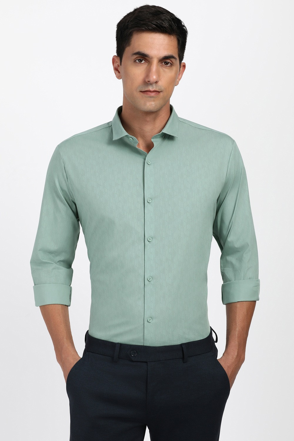 Image of PETER ENGLAND Men Solid Formal Green Shirt