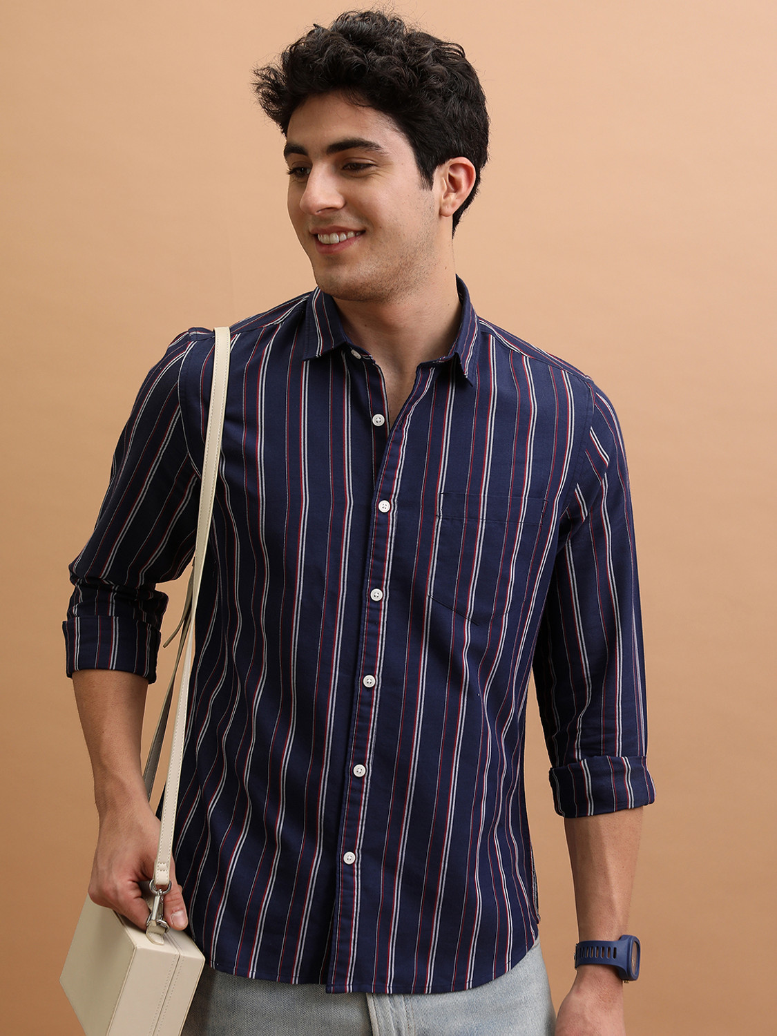 Image of HIGHLANDER Men Striped Casual Dark Blue, White, Red Shirt