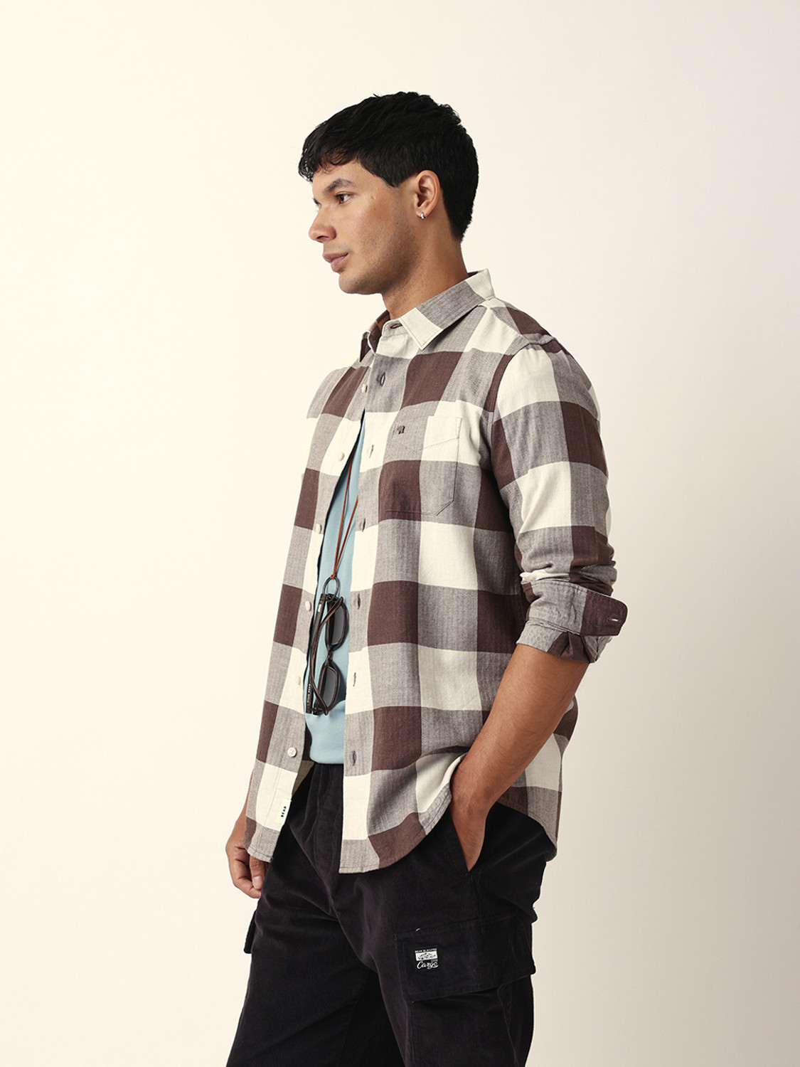 Image of THE BEAR HOUSE Men Checkered Casual Brown Shirt