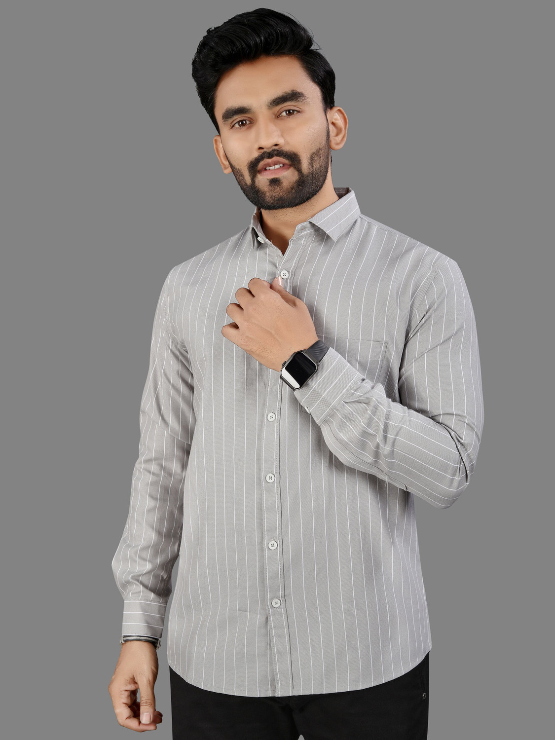 Image of MILDIN Men Striped Formal Grey Shirt
