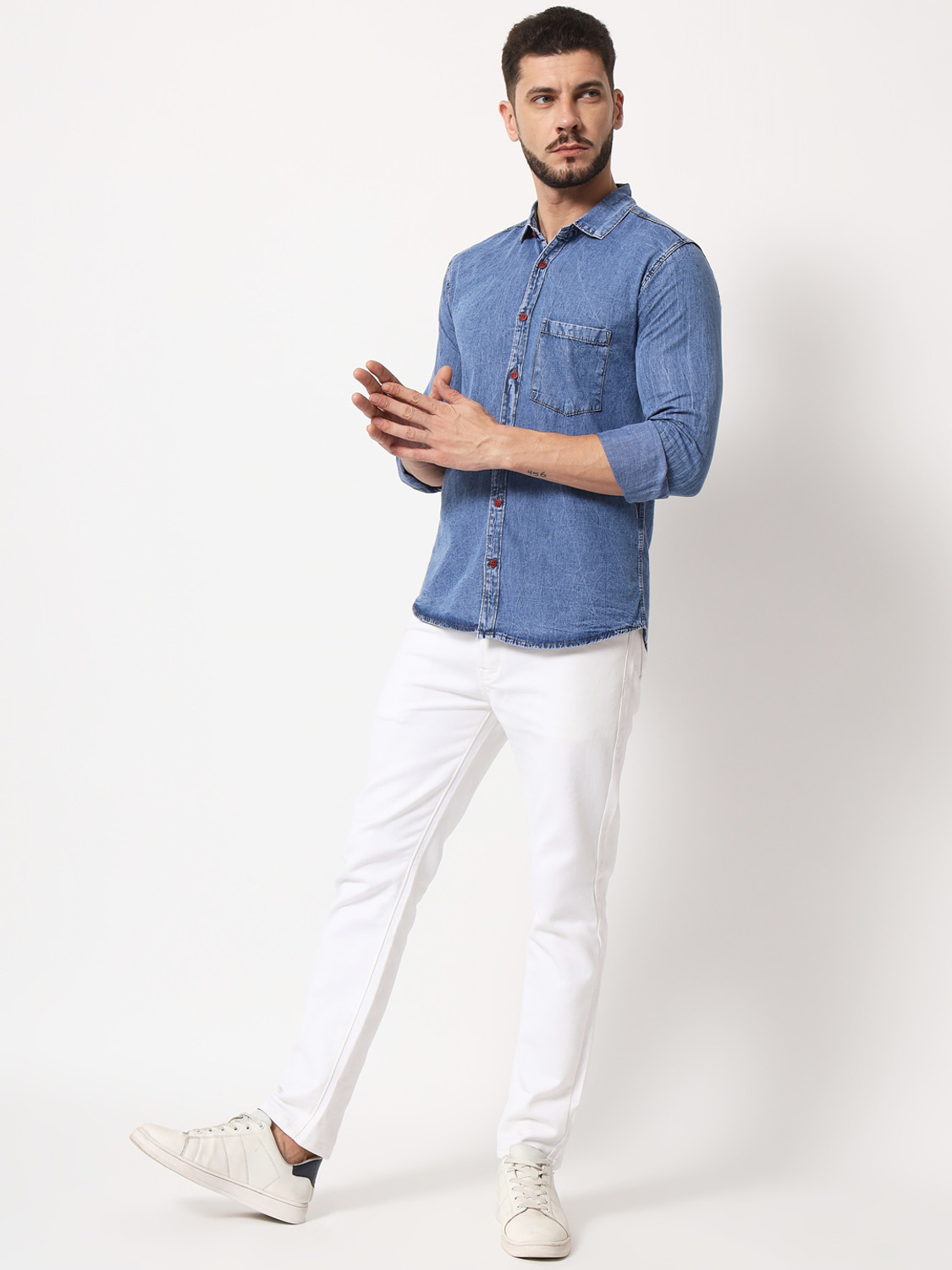 Image of Double One Men Washed Casual Blue Shirt