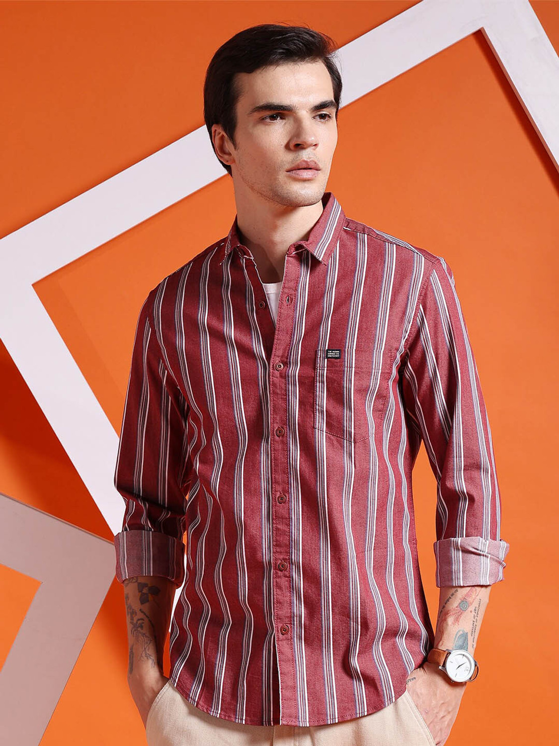 Image of The Indian Garage Co. Men Striped Casual Brown Shirt