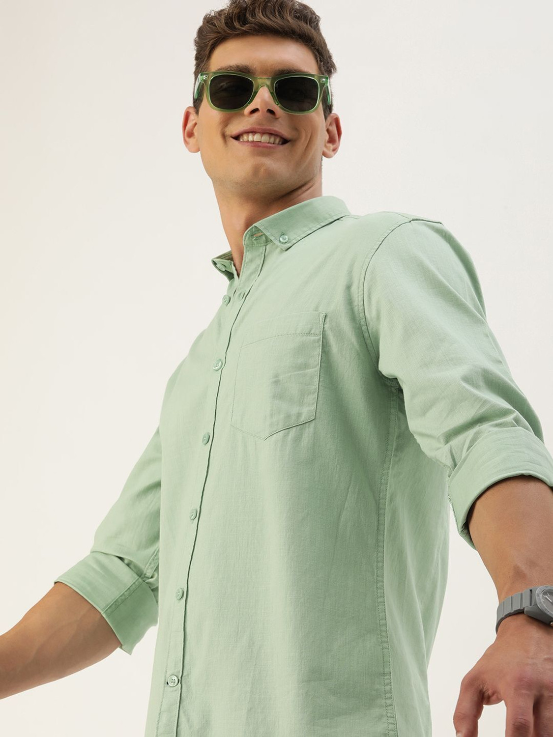 Image of Mast & Harbour Men Solid Casual Green Shirt