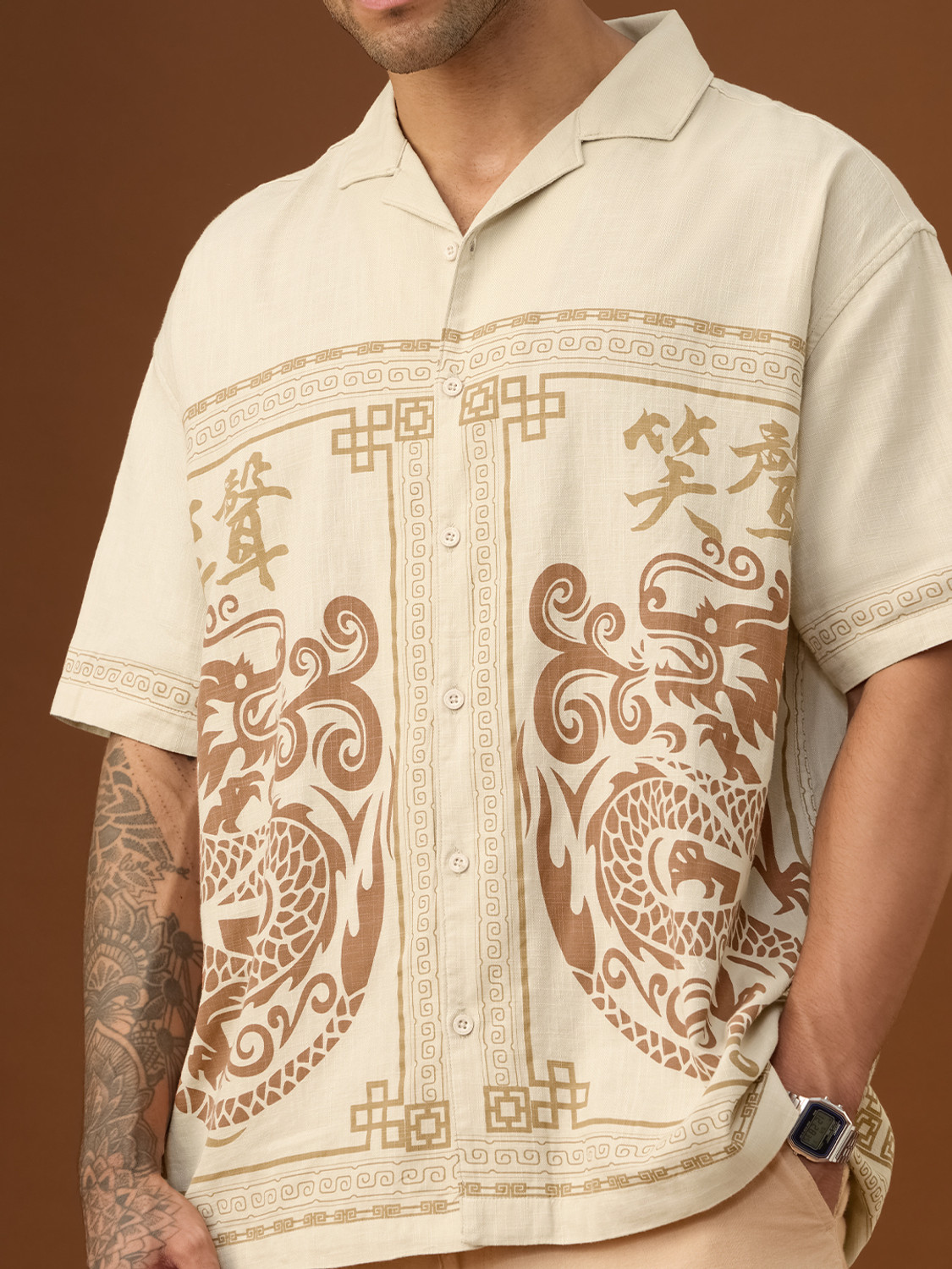Image of The Souled Store Men Graphic Print Casual Beige Shirt