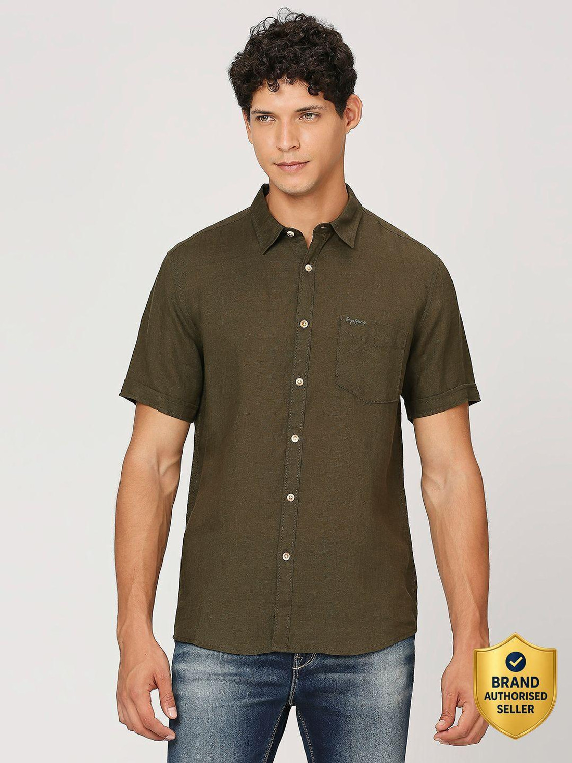 Image of Pepe Jeans Men Self Design Casual Dark Green Shirt