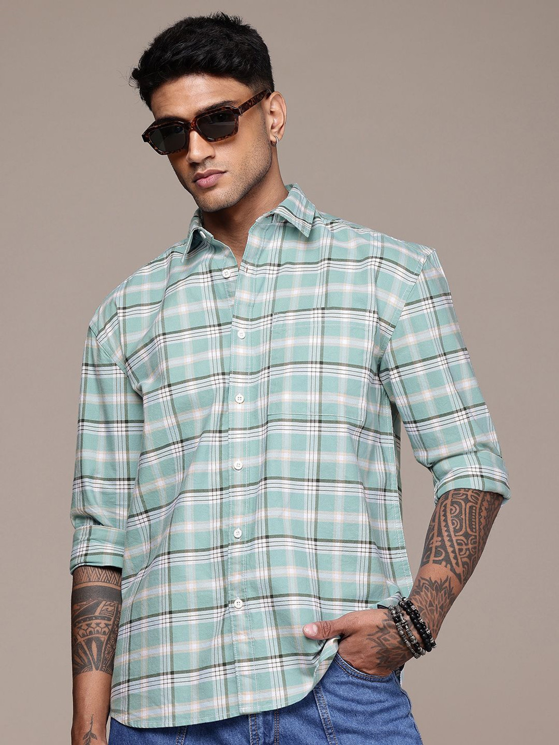 Image of Roadster Men Checkered Casual Blue Shirt