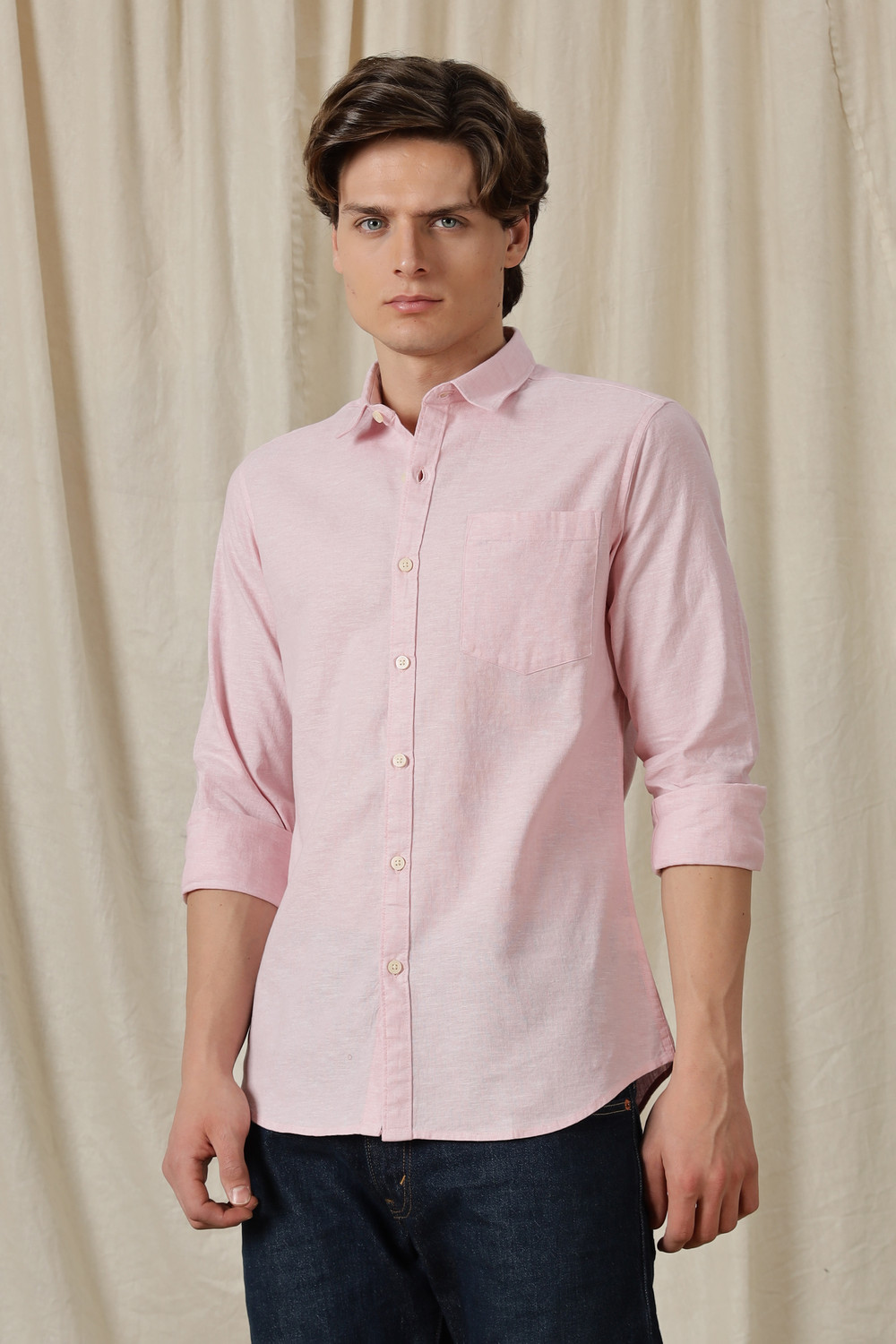 Image of BLU MNKY Men Solid Casual Pink Shirt