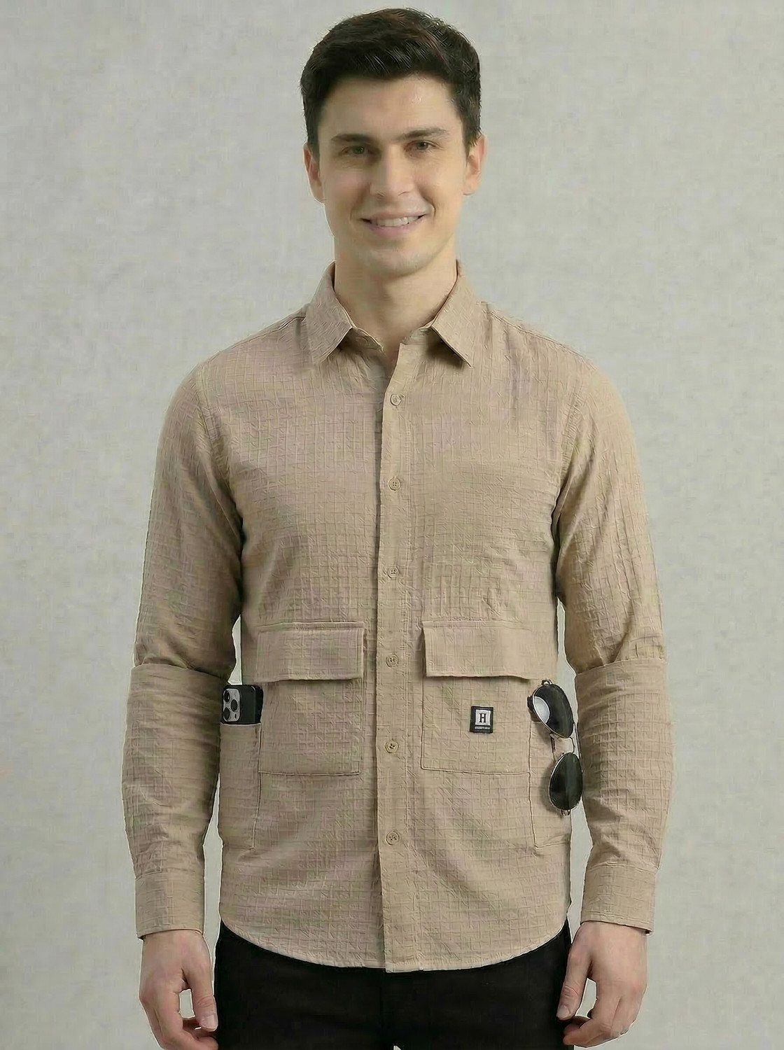 Image of METRONAUT Men Self Design Casual Beige Shirt