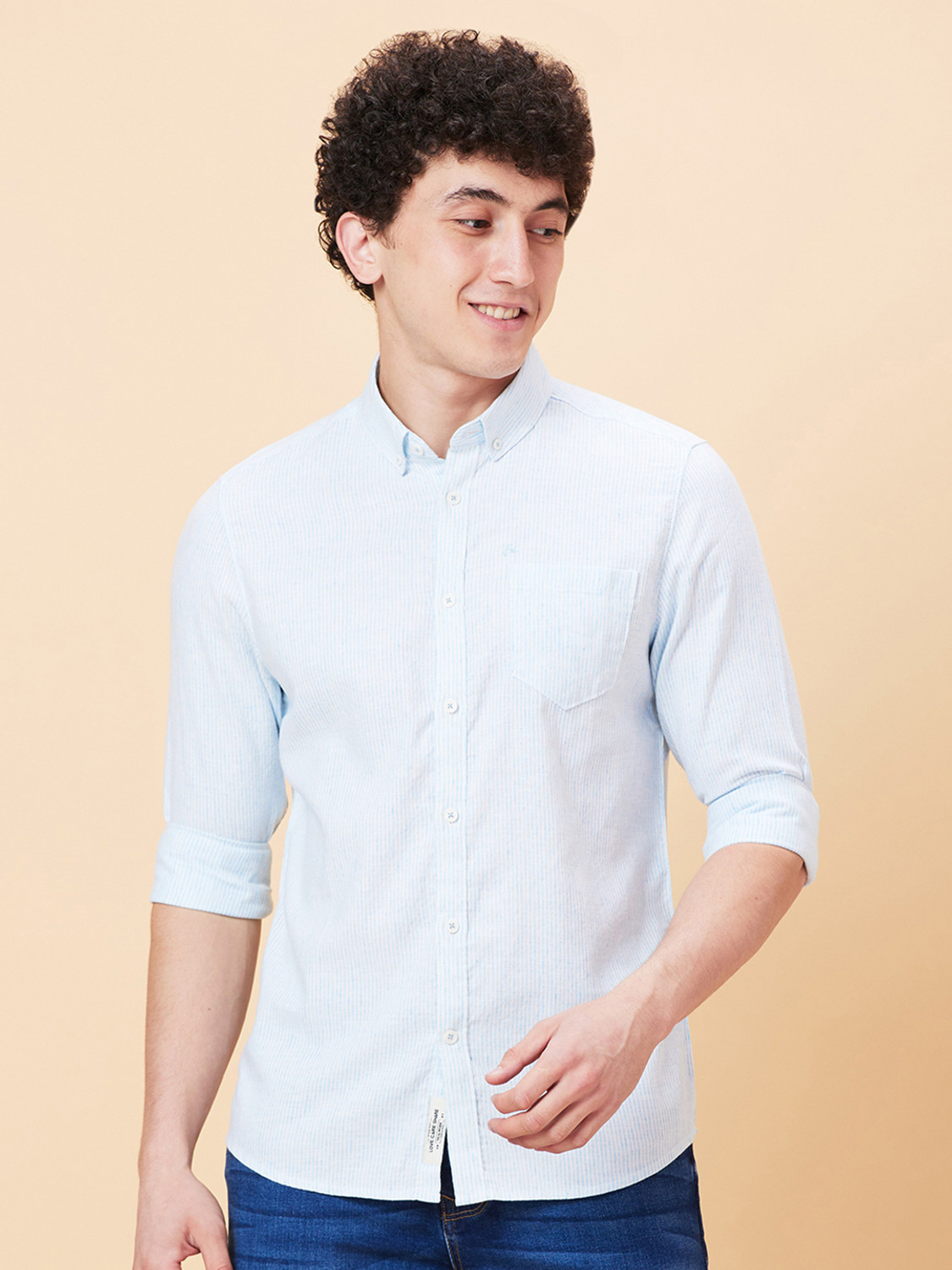 Image of BEING HUMAN Men Striped Casual Light Blue Shirt