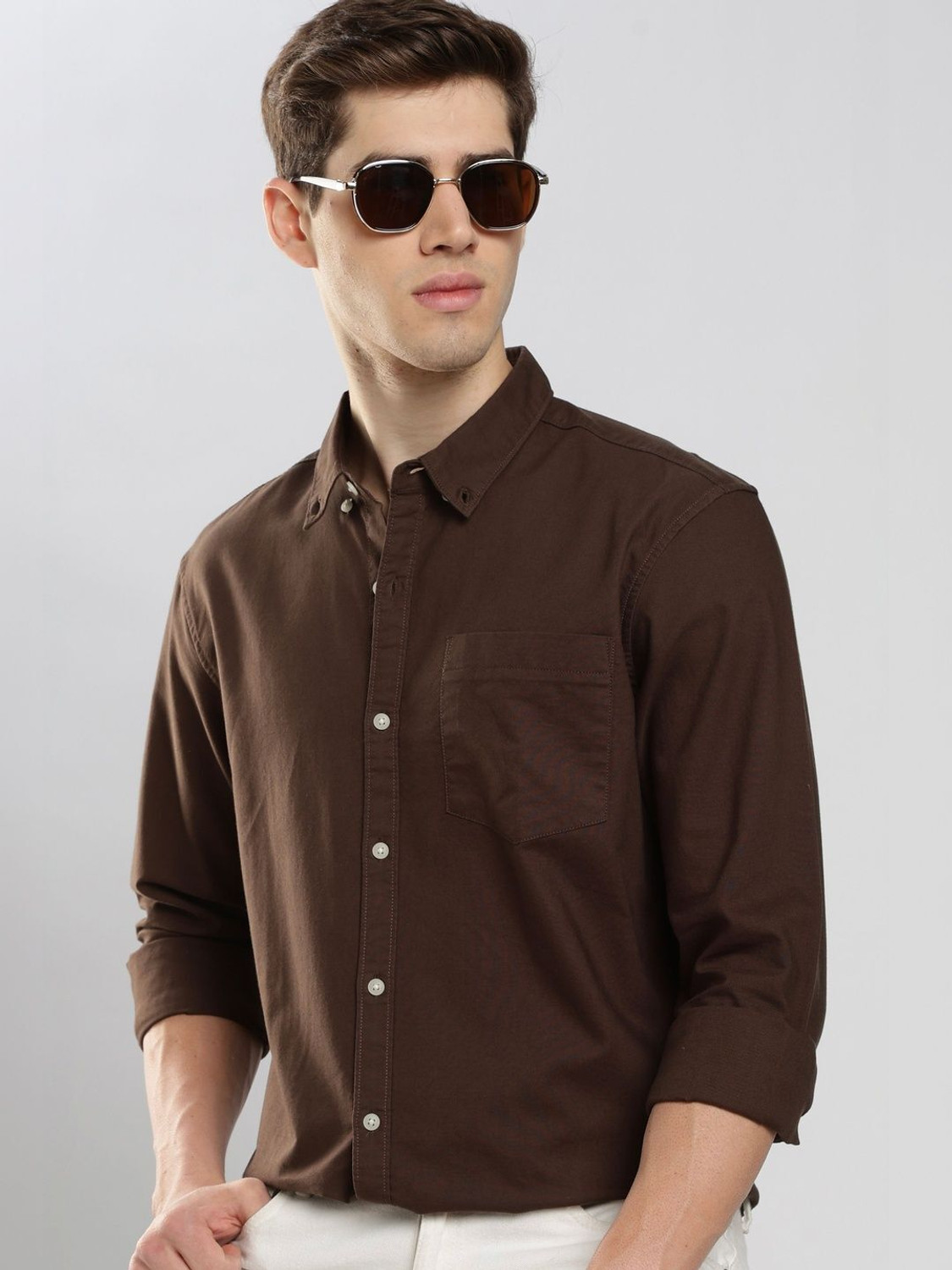 Image of HERE&NOW Men Solid Casual Brown Shirt