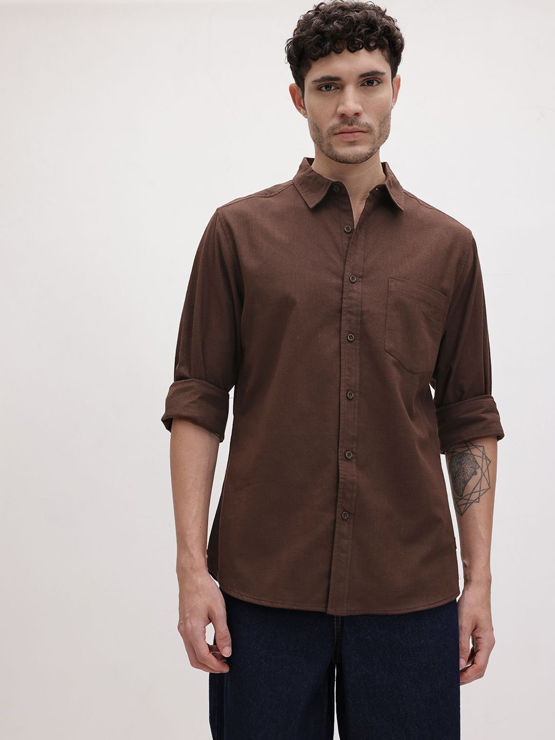 Image of Roadster Men Solid Casual Brown Shirt