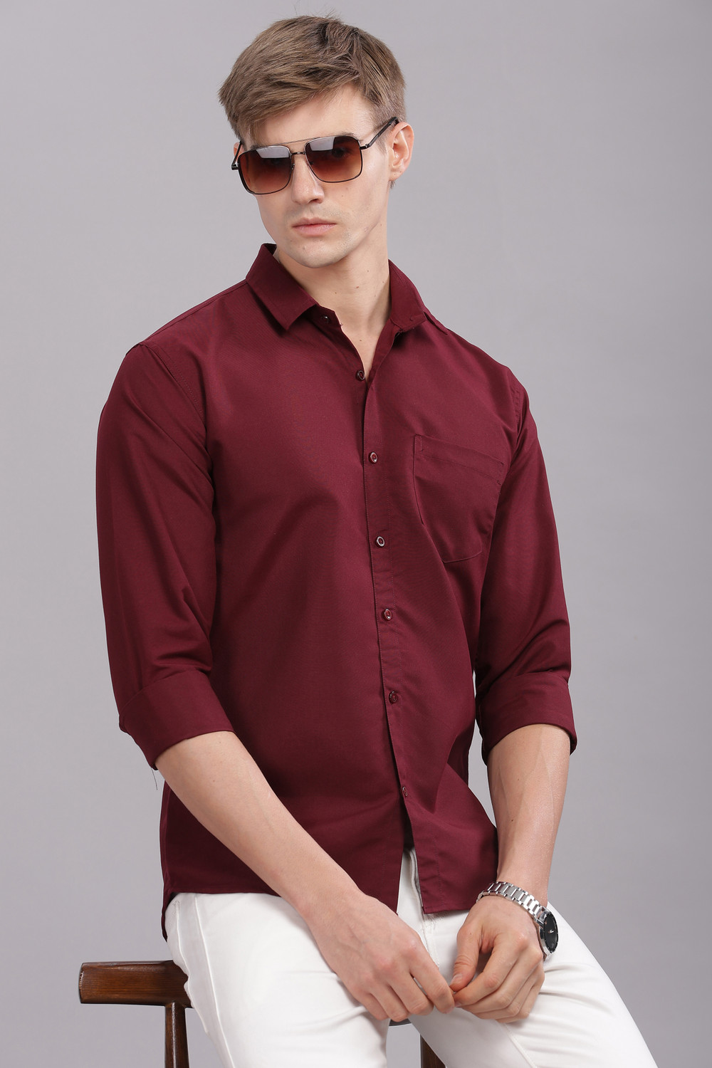 Image of Uzmax Men Solid Casual Maroon Shirt