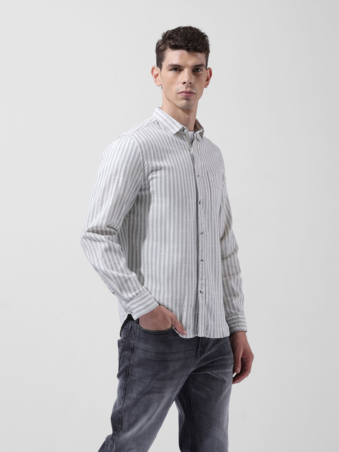 Image of The Indian Garage Co. Men Striped Casual Grey Shirt