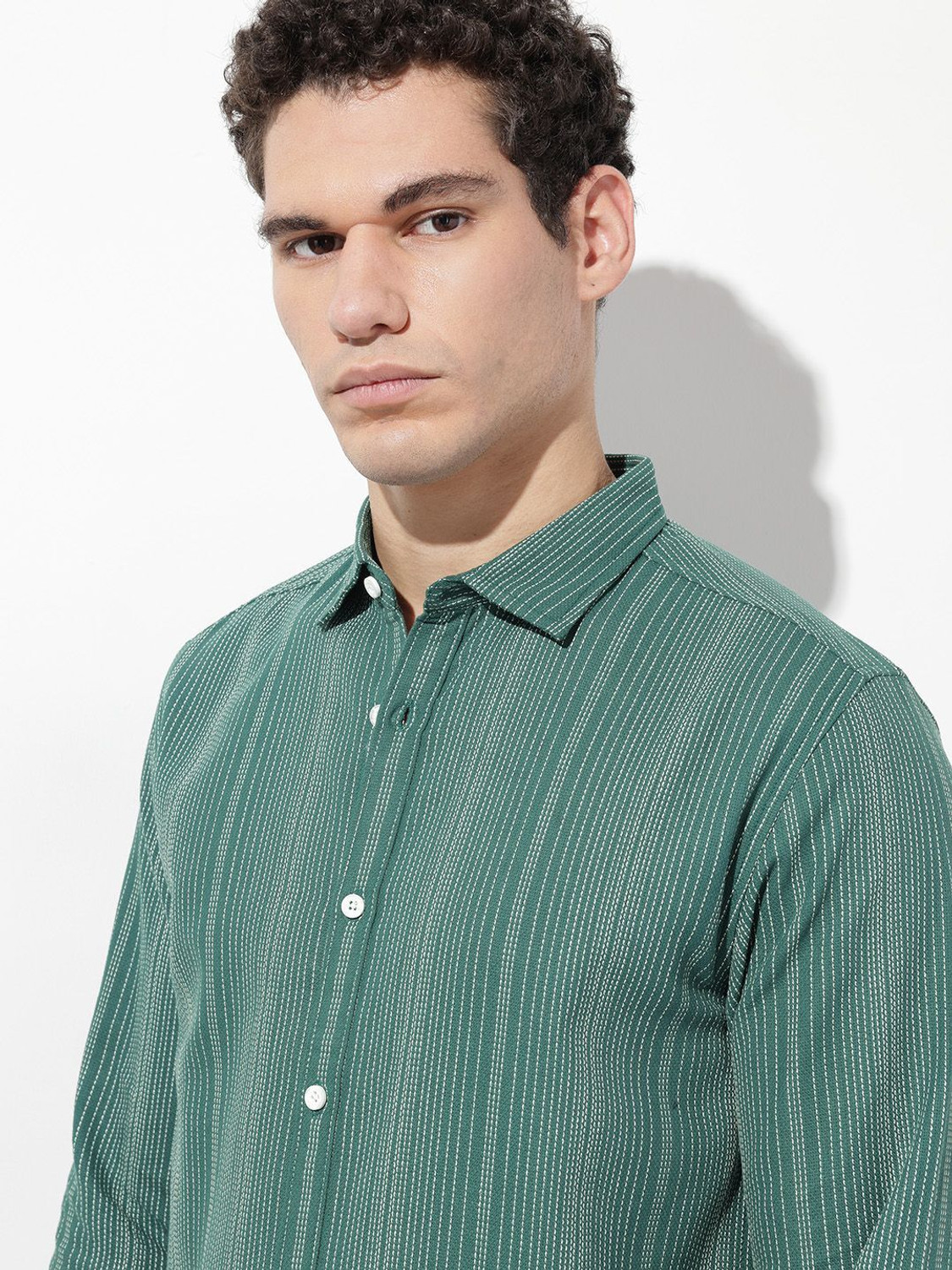 Image of Roadster Men Striped Casual Green Shirt