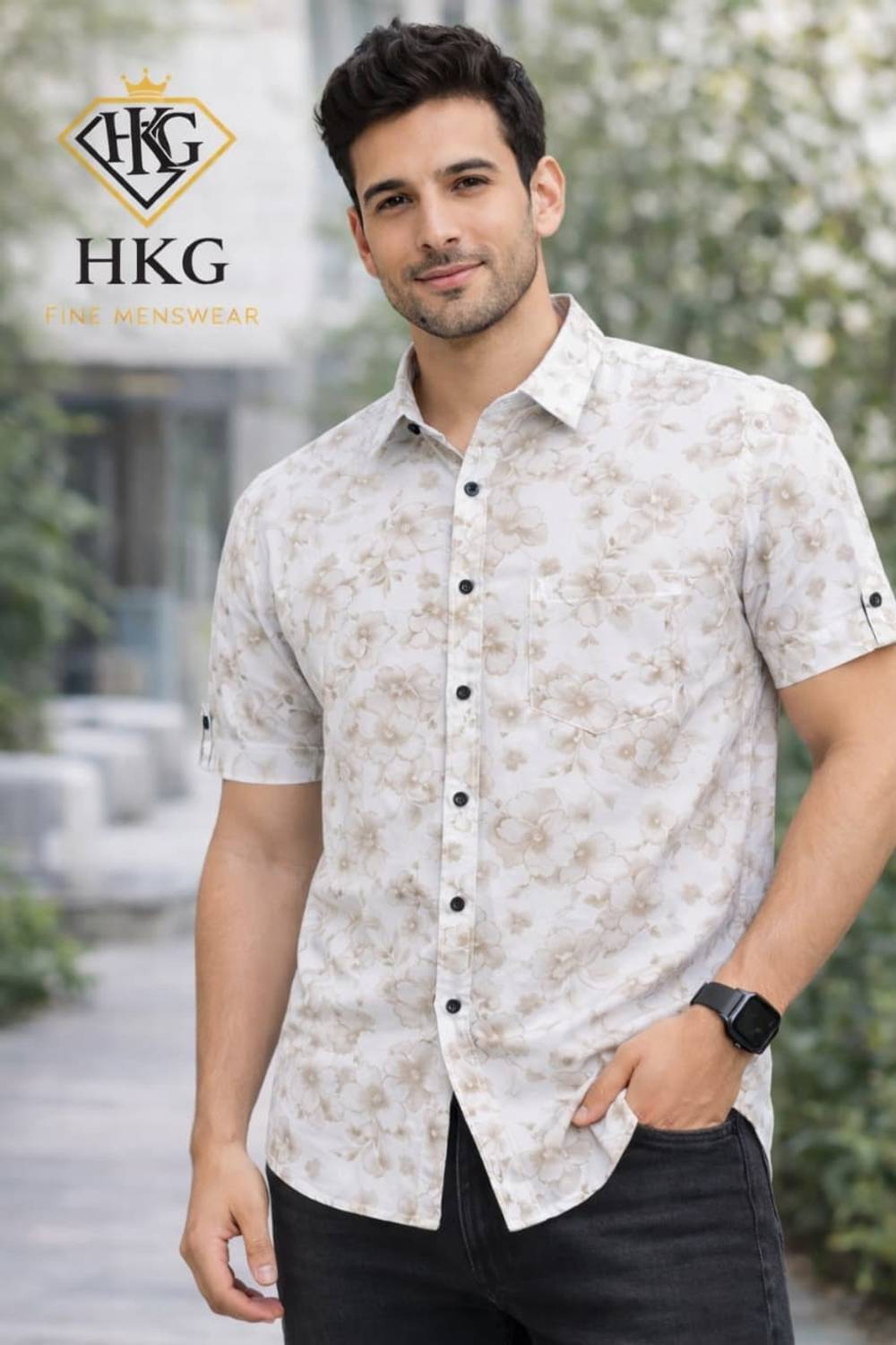 HKG Men Beige Floral Print Casual Shirt - Image 1