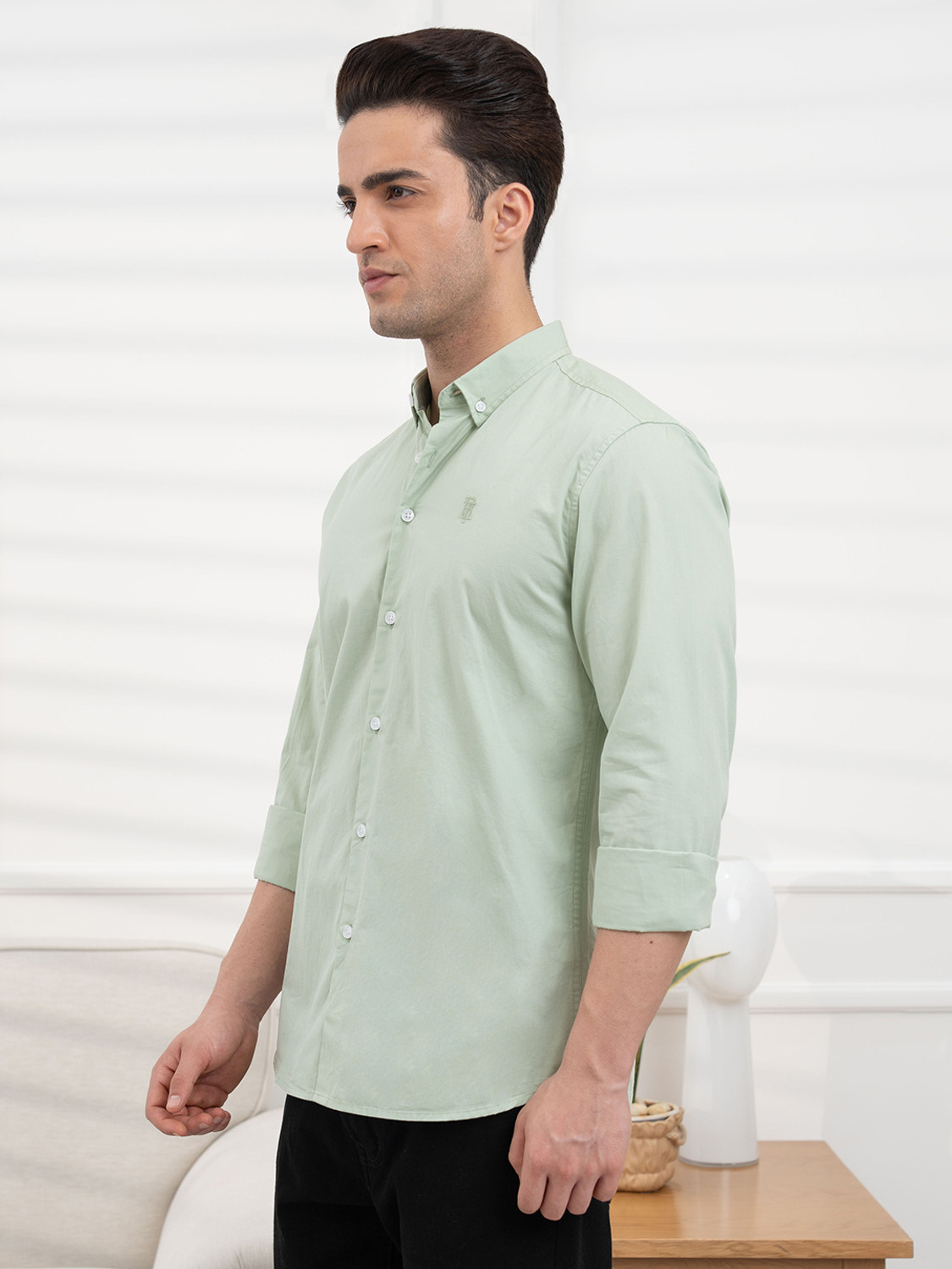 Image of RED TAPE Men Solid Casual Light Green Shirt