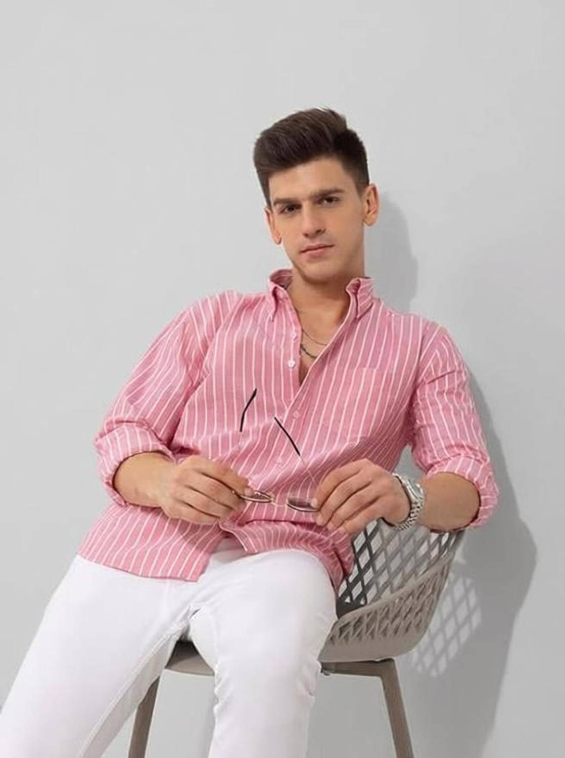 HKV Men Striped Casual Pink Shirt