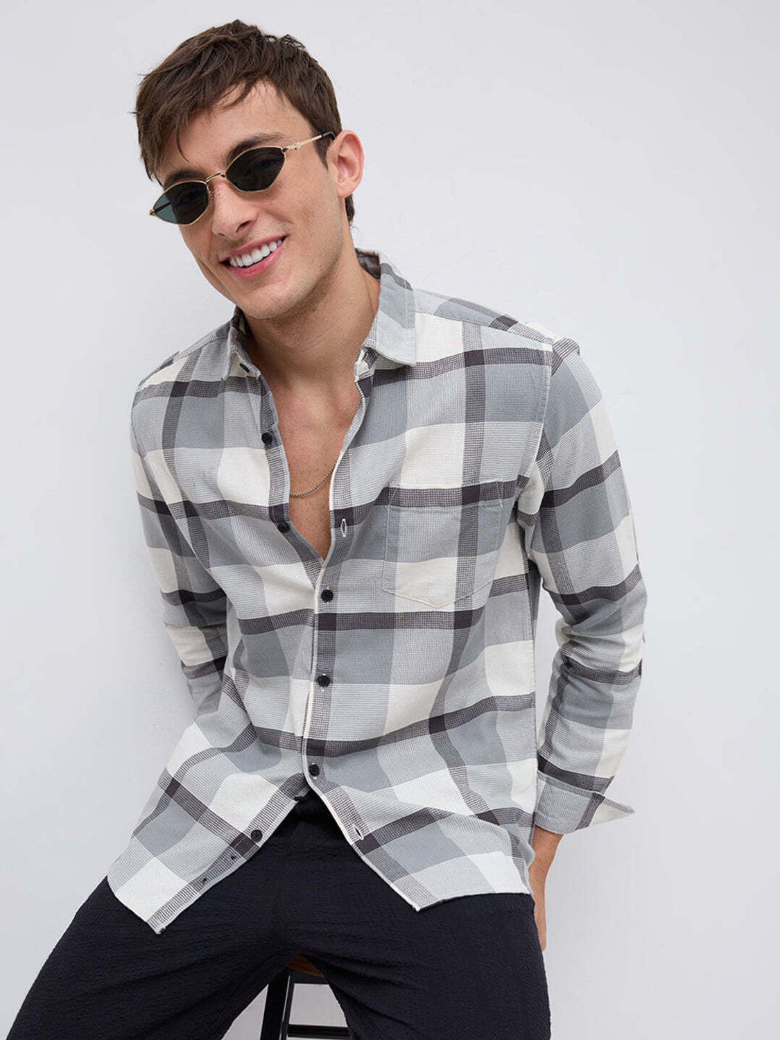 Image of VASTRADO Men Checkered Casual White Shirt