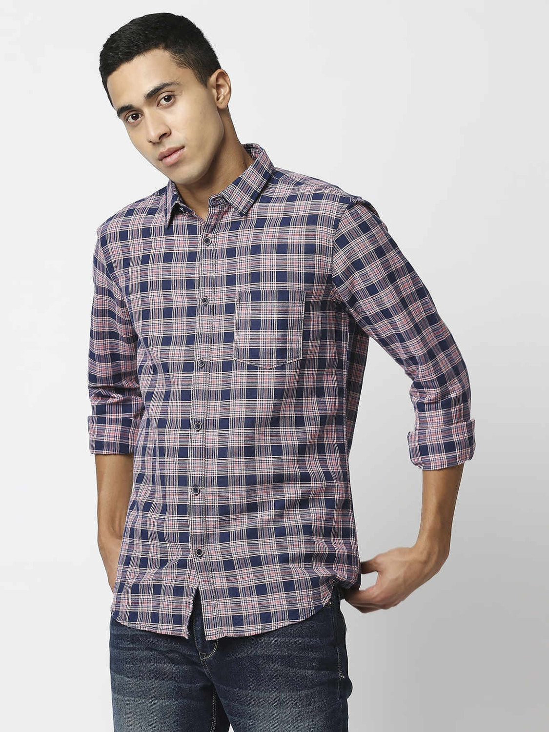 Image of Pepe Jeans Men Checkered Casual Blue Shirt