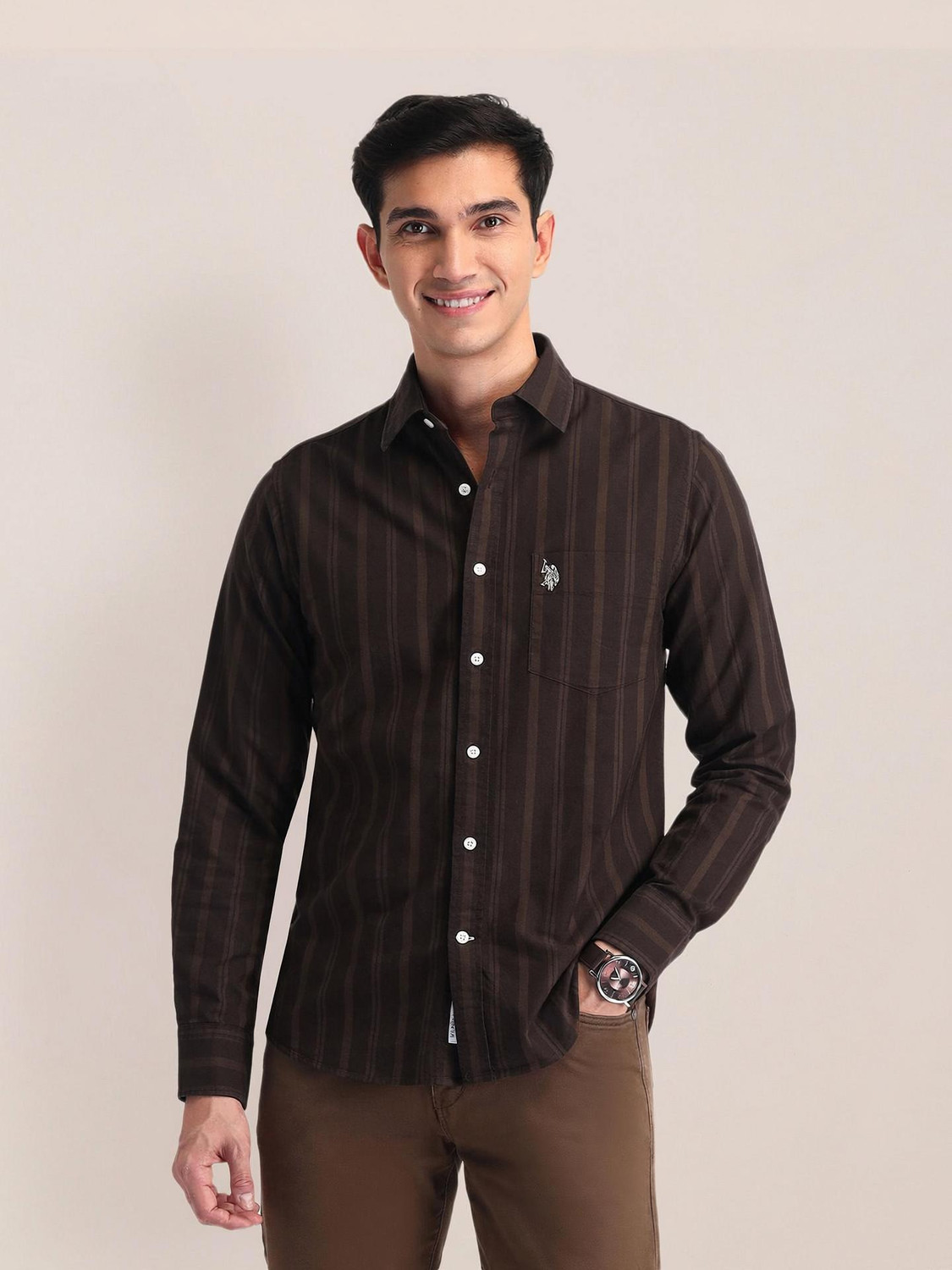 Image of U.S. POLO ASSN. Men Striped Casual Brown Shirt