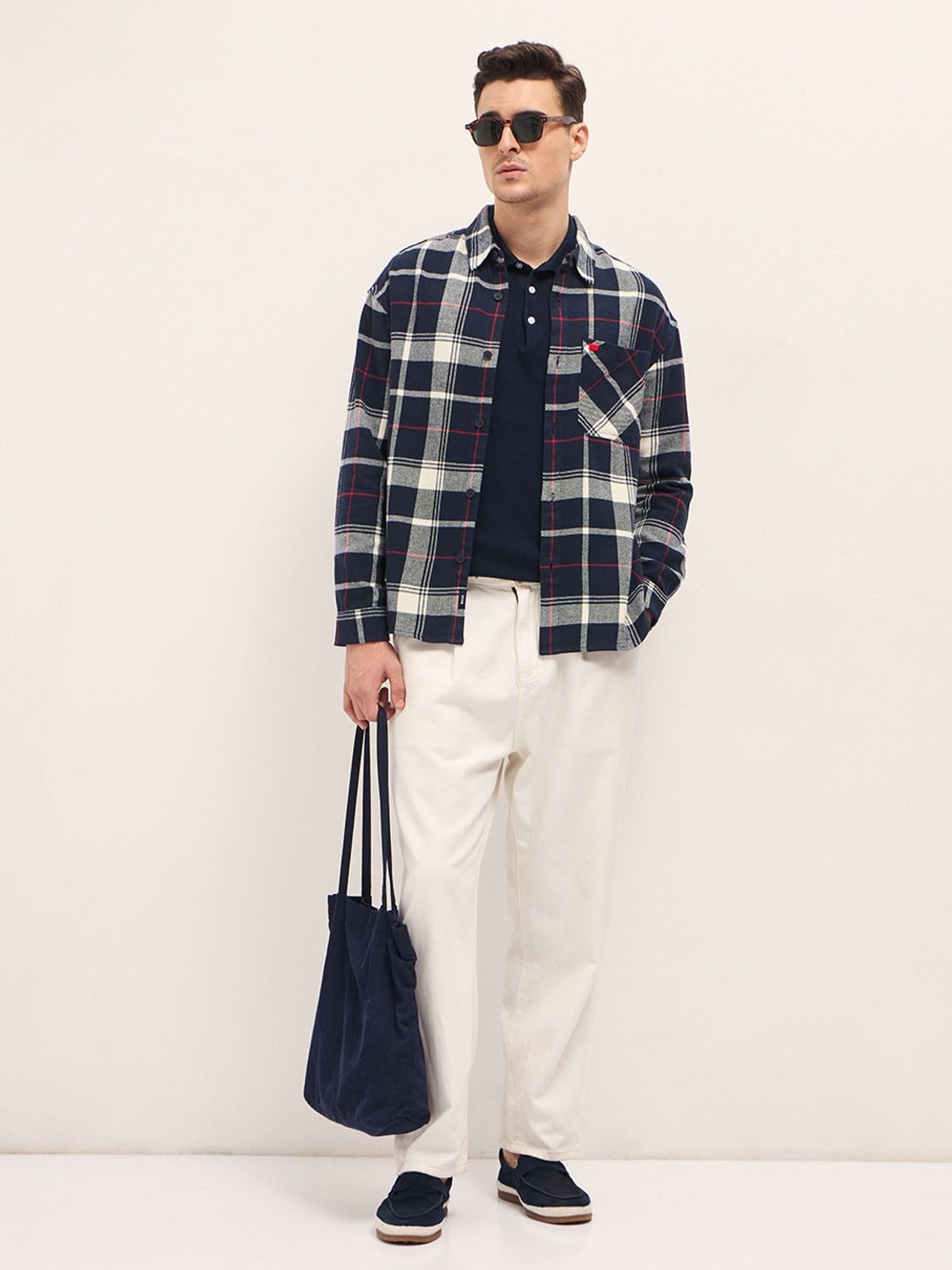 Image of THE BEAR HOUSE Men Checkered Casual Blue Shirt