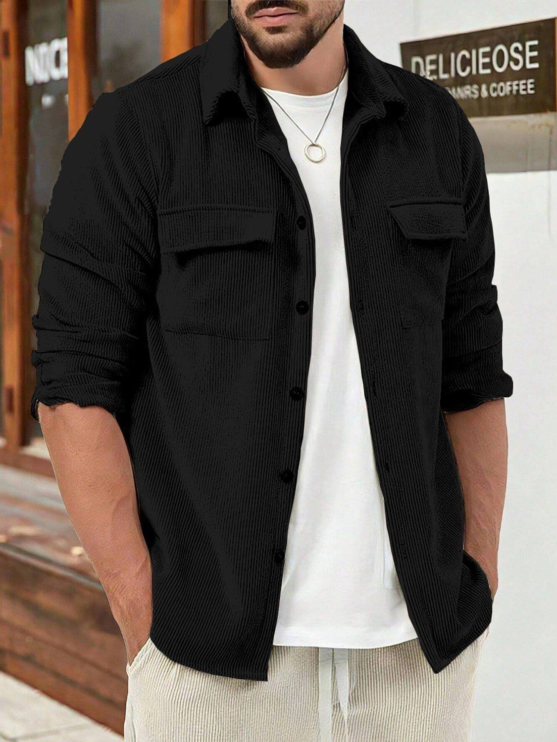 Image of COMBRAIDED Men Self Design Casual Black Shirt
