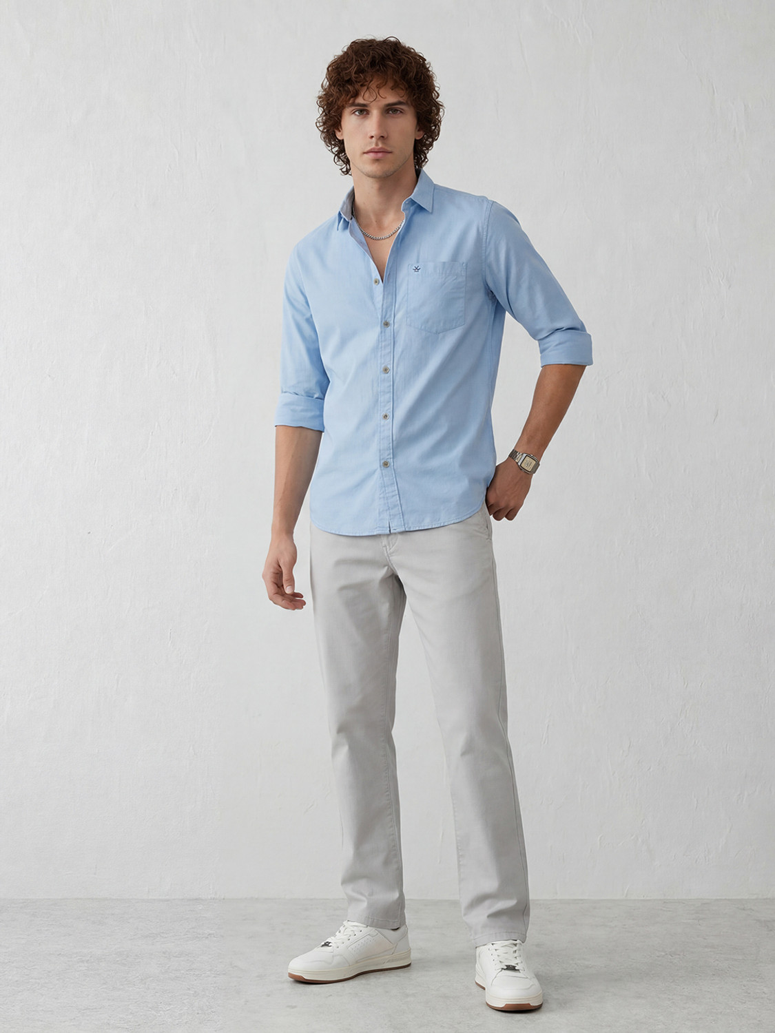 Image of WROGN Men Solid Casual Blue Shirt