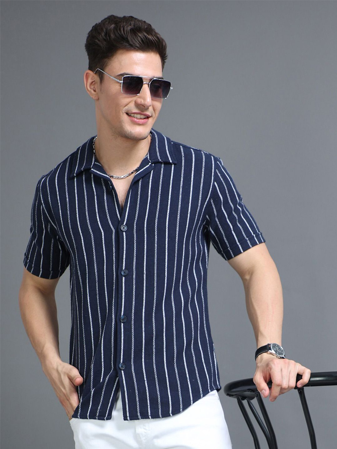 Image of HERE&NOW Men Striped Casual Blue Shirt