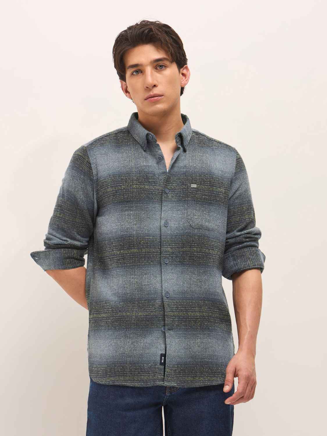 Image of THE BEAR HOUSE Men Checkered Casual Blue Shirt