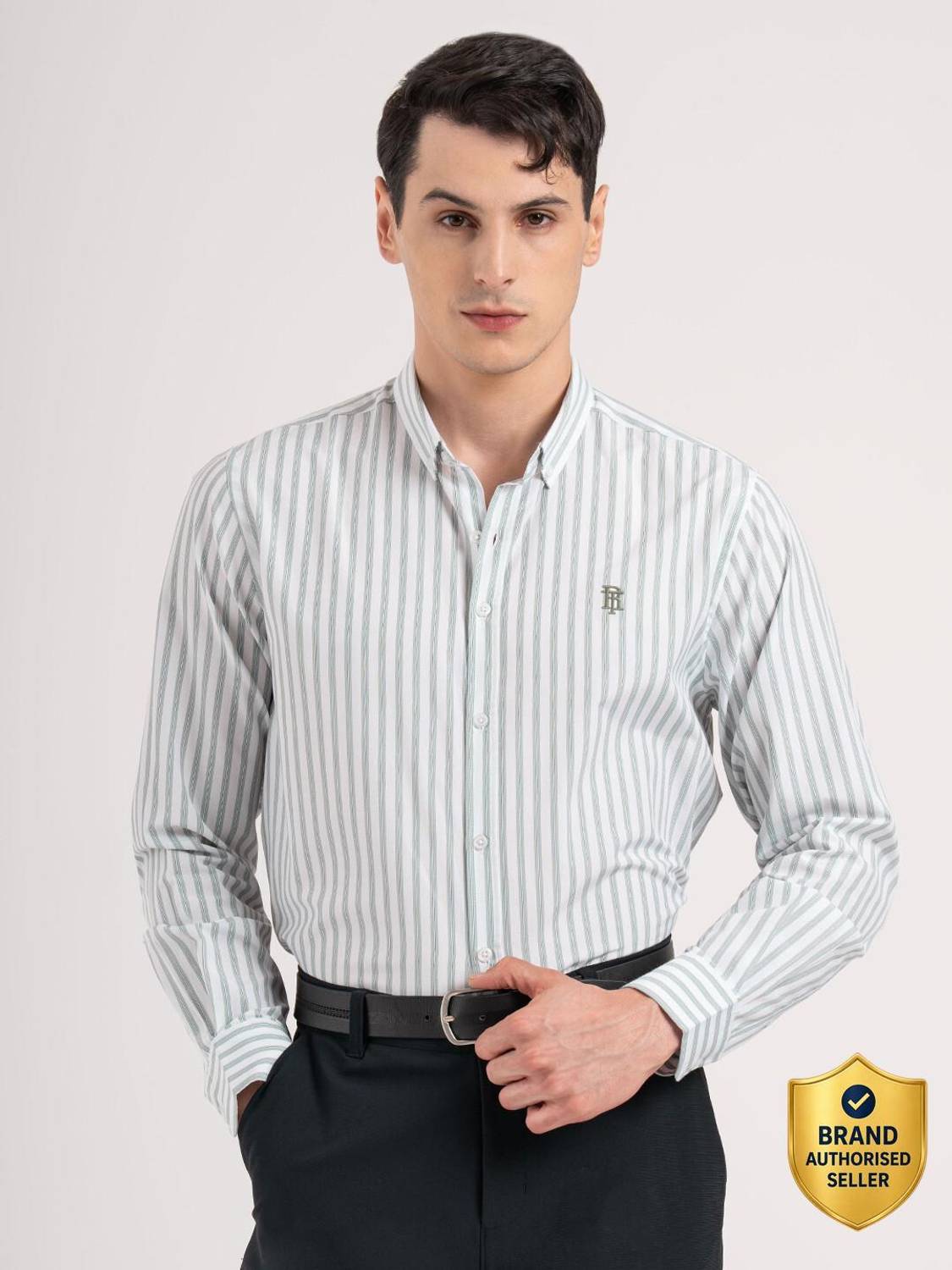 RED TAPE Men Striped Light Green, White Shirt - Image 1