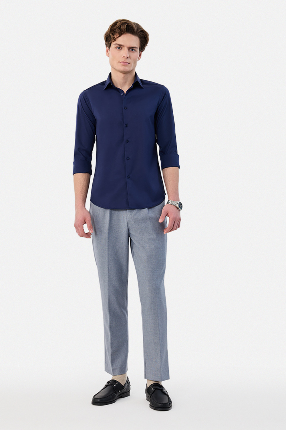 Image of Snitch Men Solid Casual Dark Blue Shirt