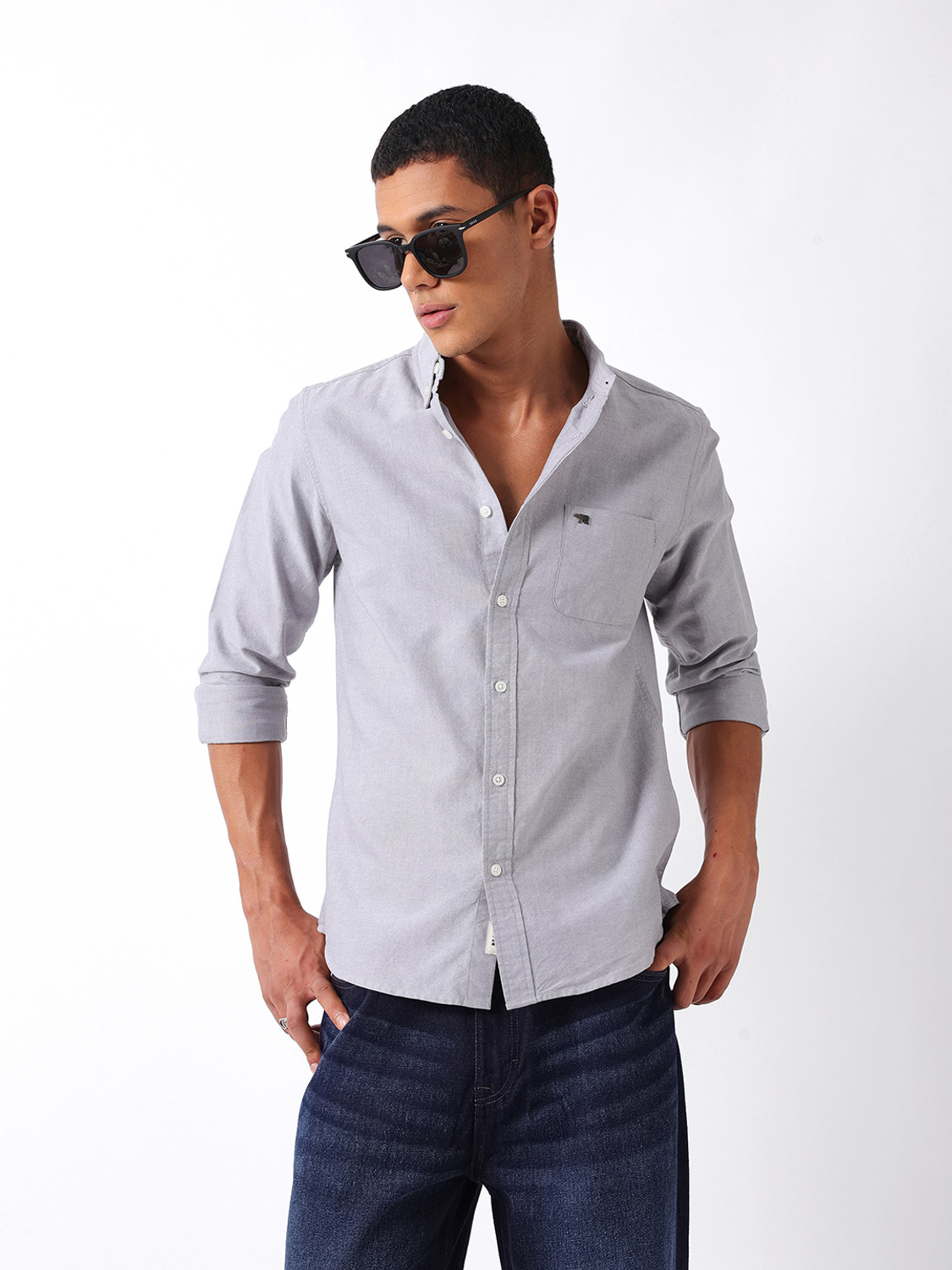Image of THE BEAR HOUSE Men Solid Casual Grey Shirt