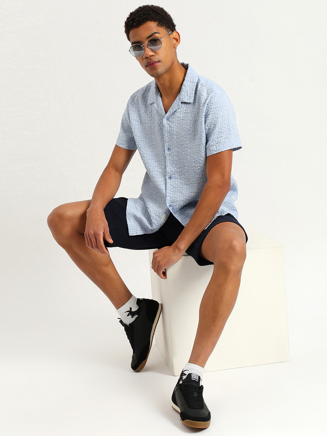 Image of United Colors of Benetton Men Self Design Casual Blue Shirt