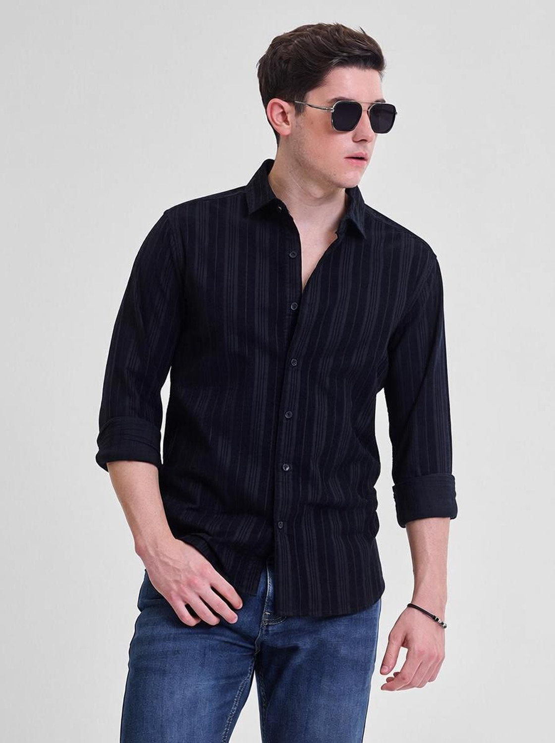 Image of Snitch Men Striped Casual Black Shirt