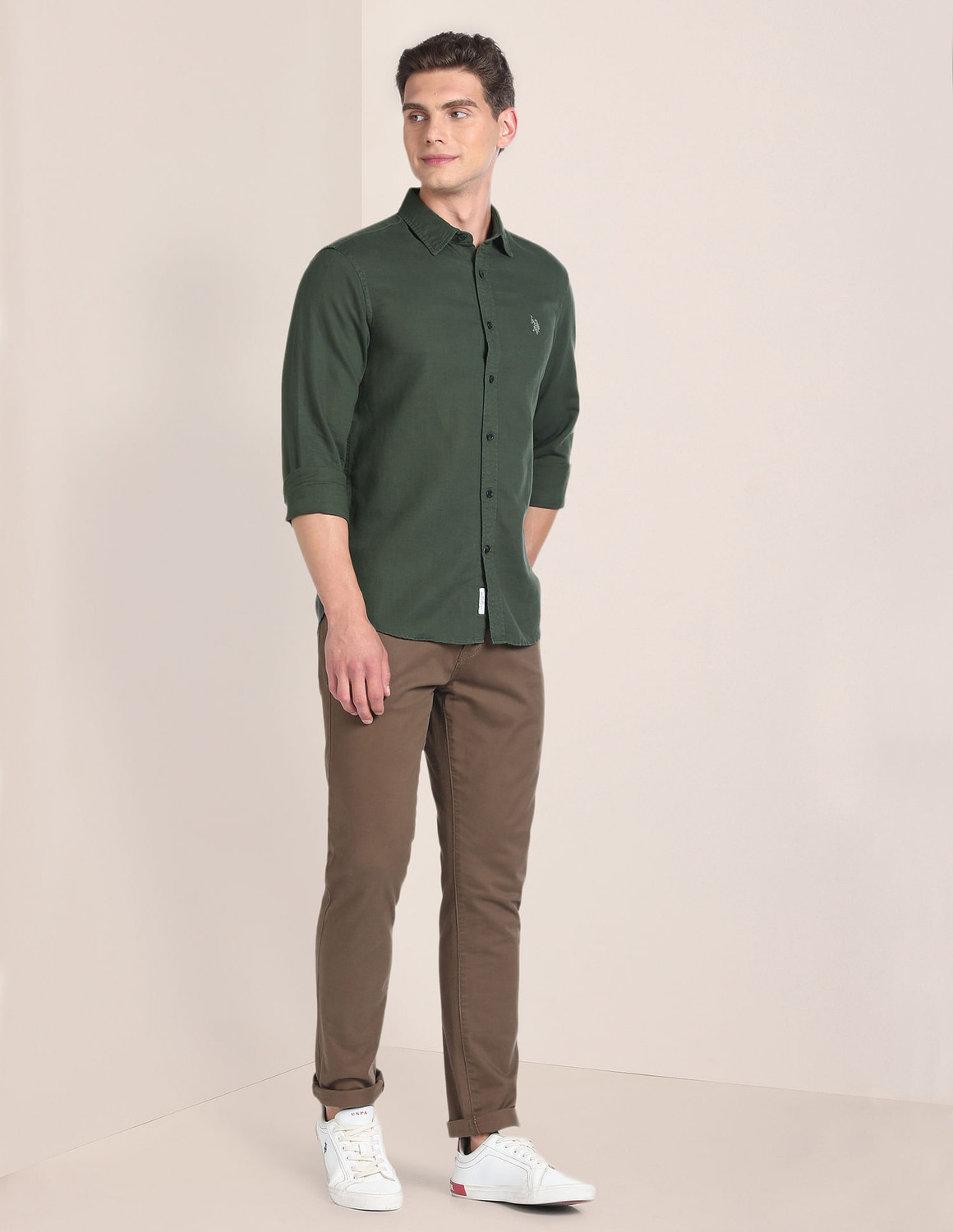 Image of U.S. POLO ASSN. Men Solid Casual Green Shirt