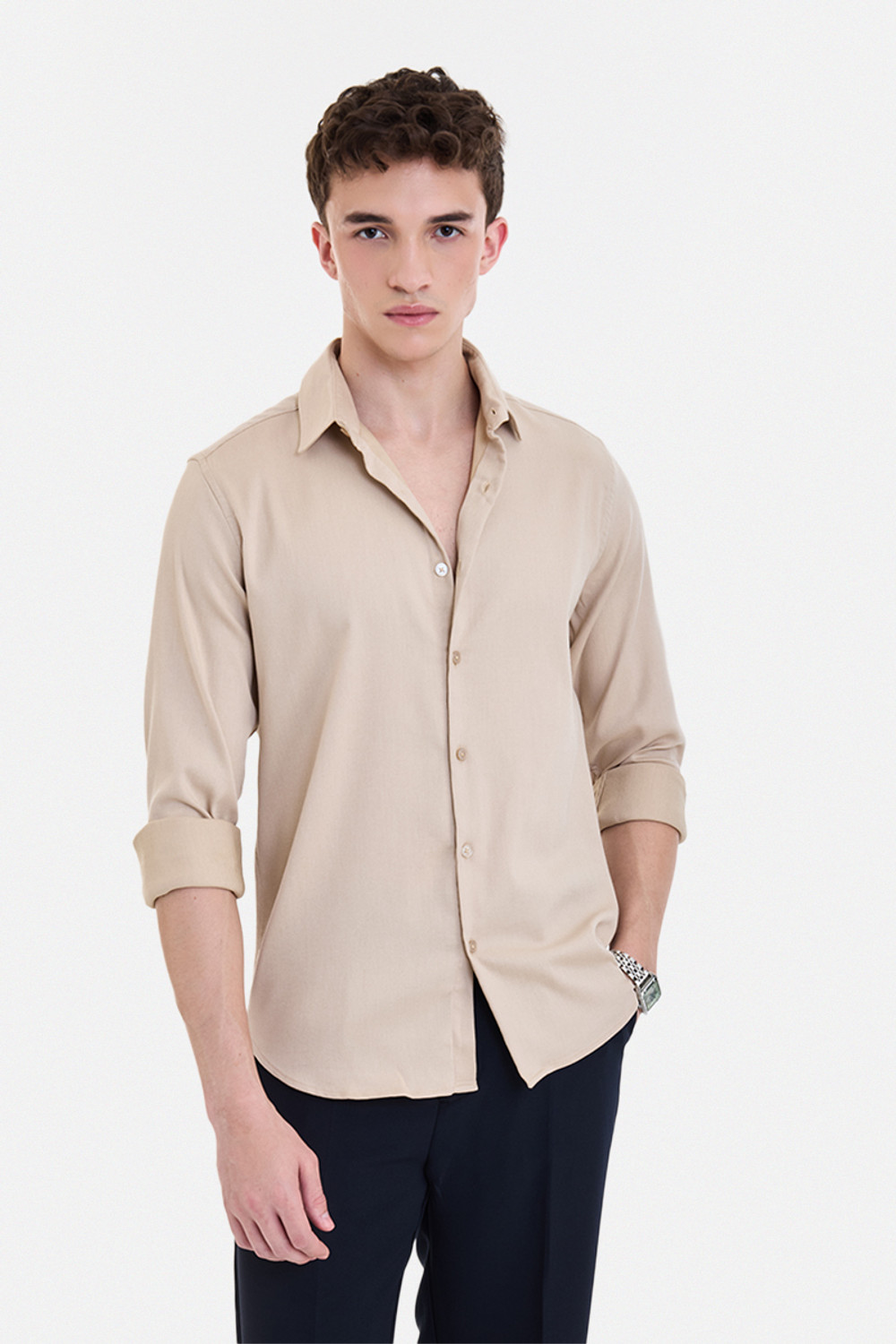 Image of Snitch Men Solid Formal Beige Shirt
