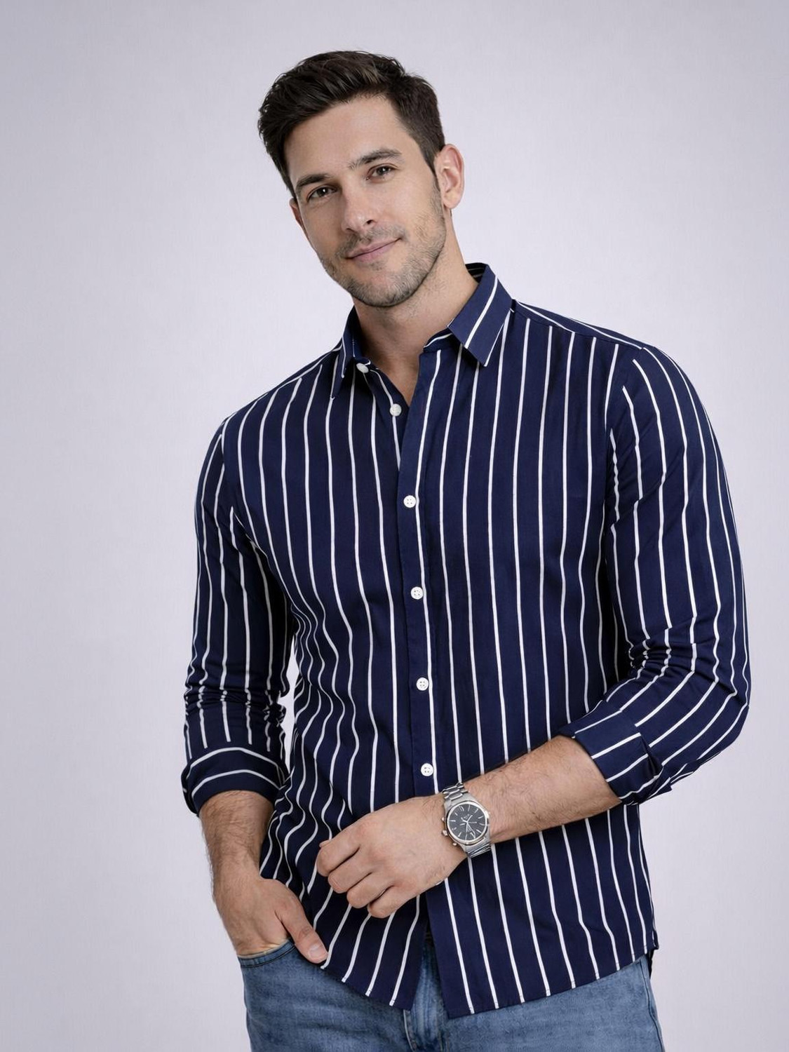 Image of CAMBREEN Men Striped Casual Blue Shirt