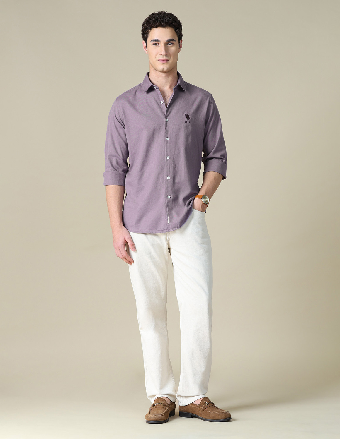 Image of U.S. Polo Assn. Denim Co. Men Solid Casual Purple Shirt