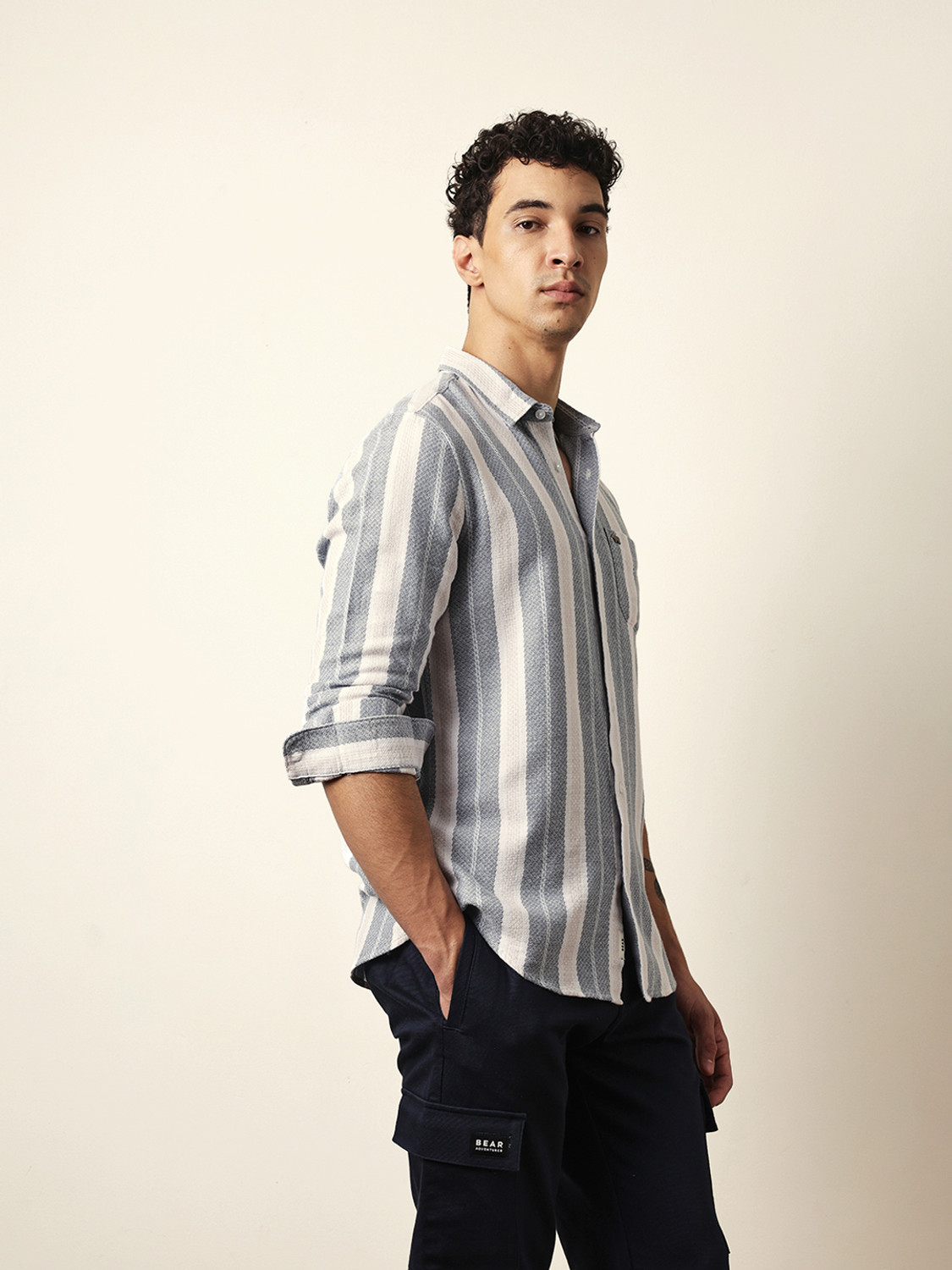 Image of THE BEAR HOUSE Men Striped Casual Grey, White Shirt