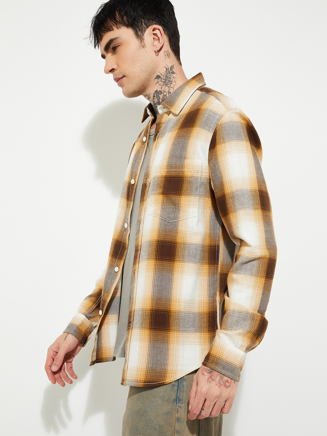 Image of MAX Men Checkered Casual Yellow Shirt