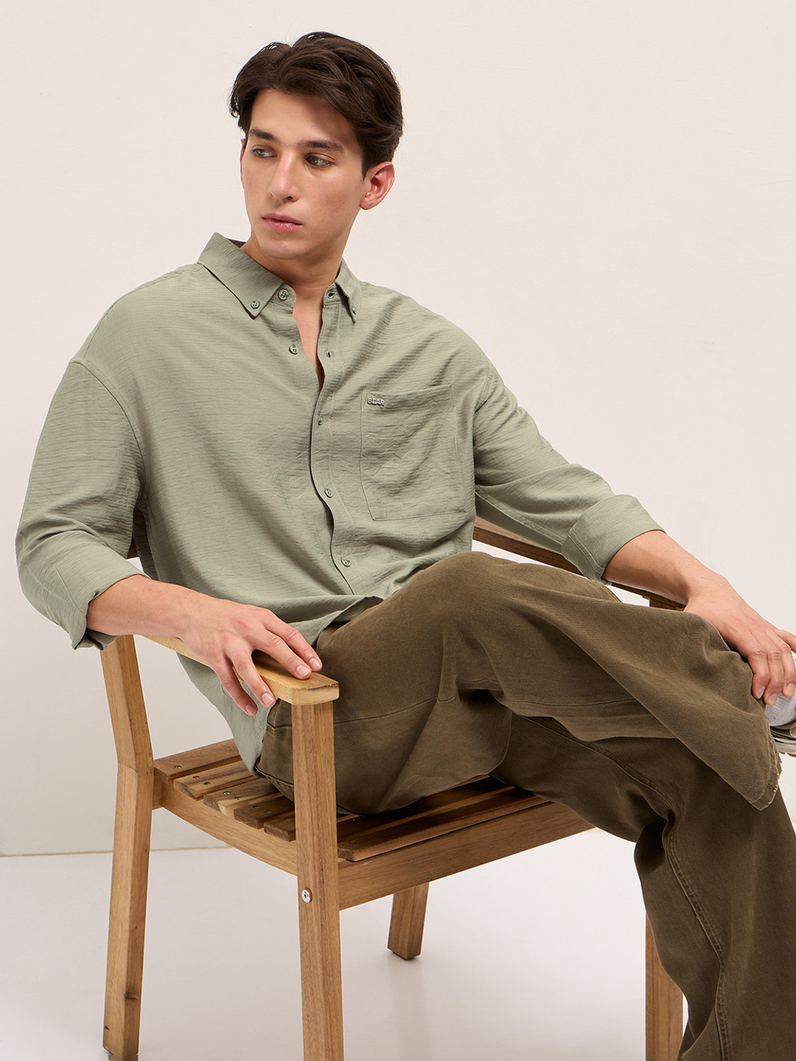 Image of THE BEAR HOUSE Men Self Design Casual Dark Green Shirt