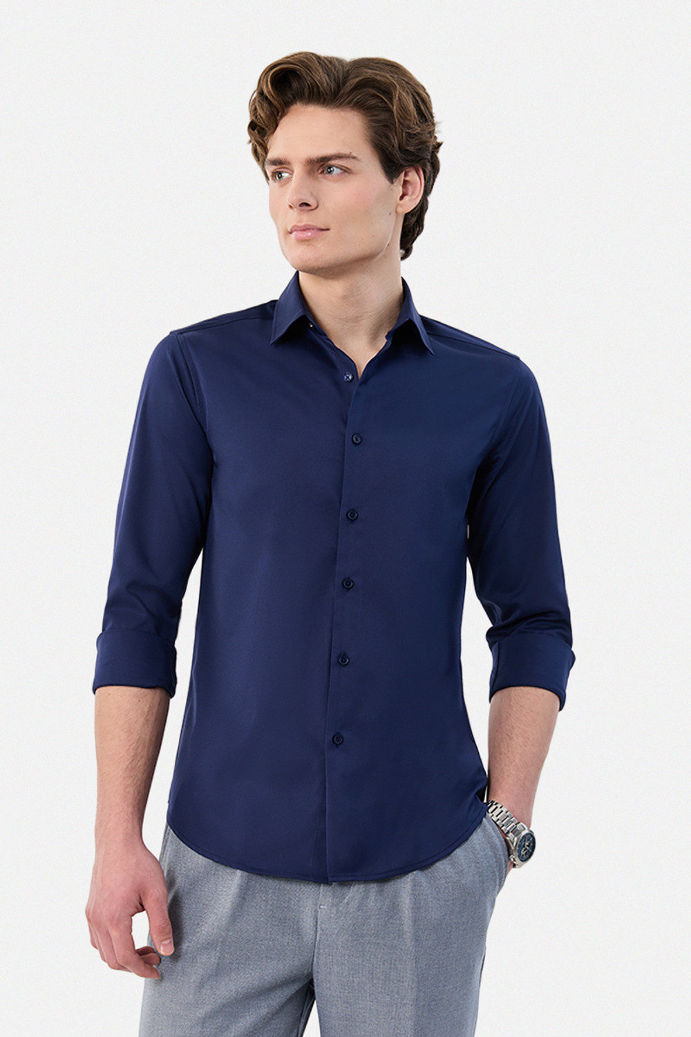 Image of Snitch Men Solid Casual Dark Blue Shirt