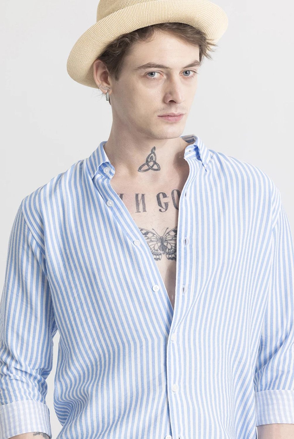 Image of FUBAR Men Striped Casual Light Blue Shirt
