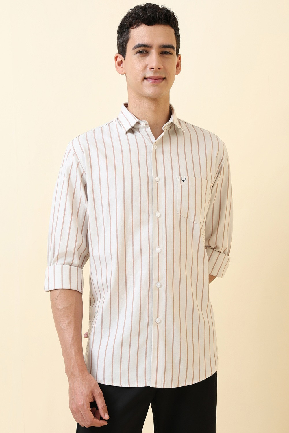 Image of Allen Solly Men Striped Casual Beige Shirt