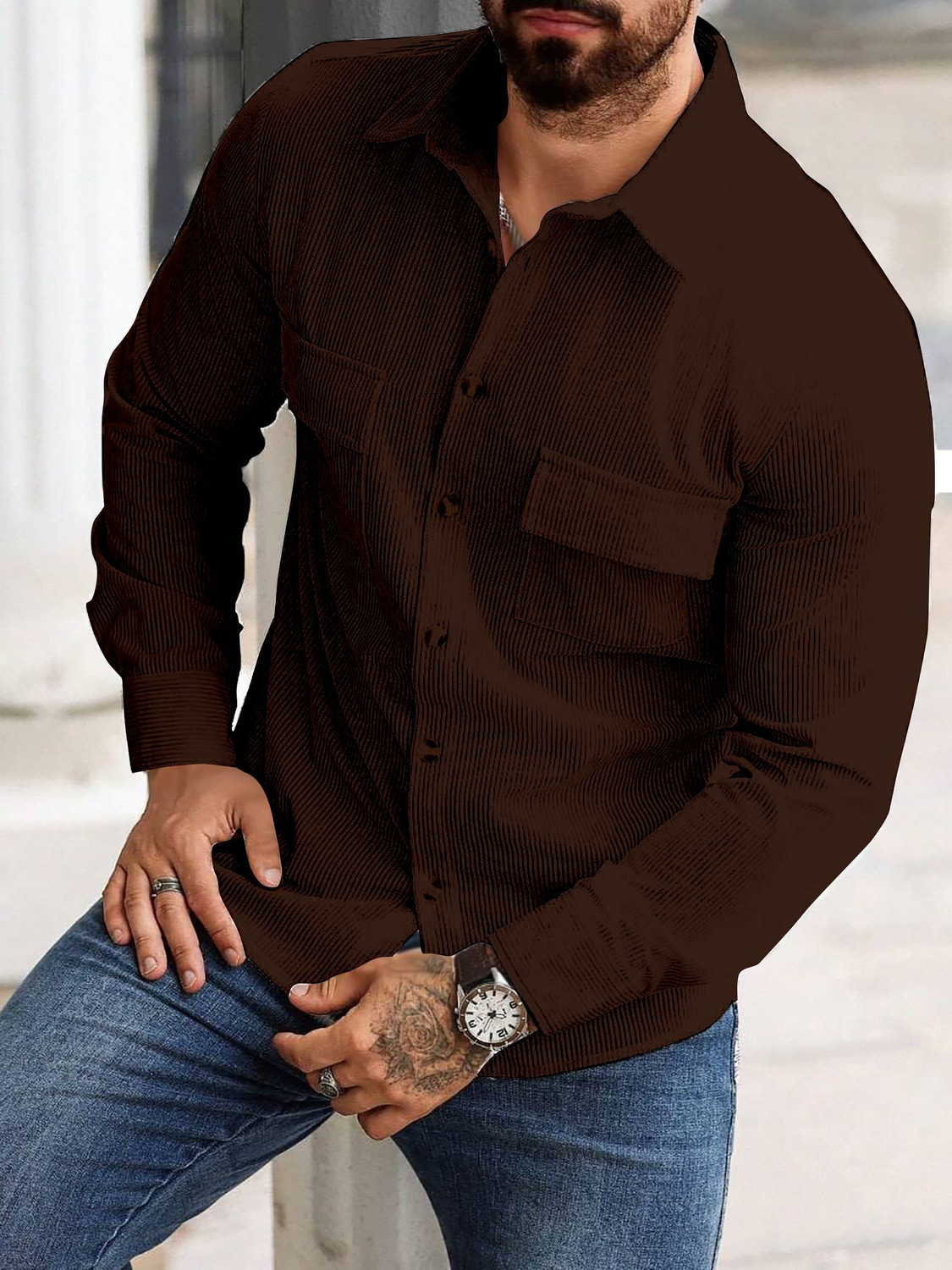 Image of COMBRAIDED Men Self Design Casual Brown Shirt