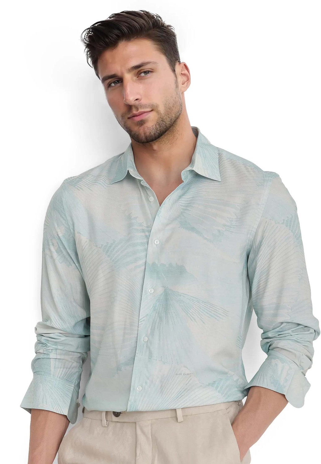Image of RARE RABBIT Men Printed Casual Blue Shirt
