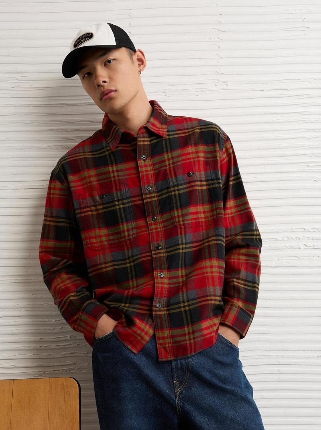 Image of American Eagle Men Checkered Casual Red Shirt