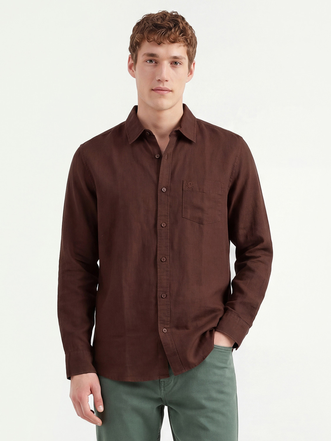 Image of United Colors of Benetton Men Solid Casual Brown Shirt